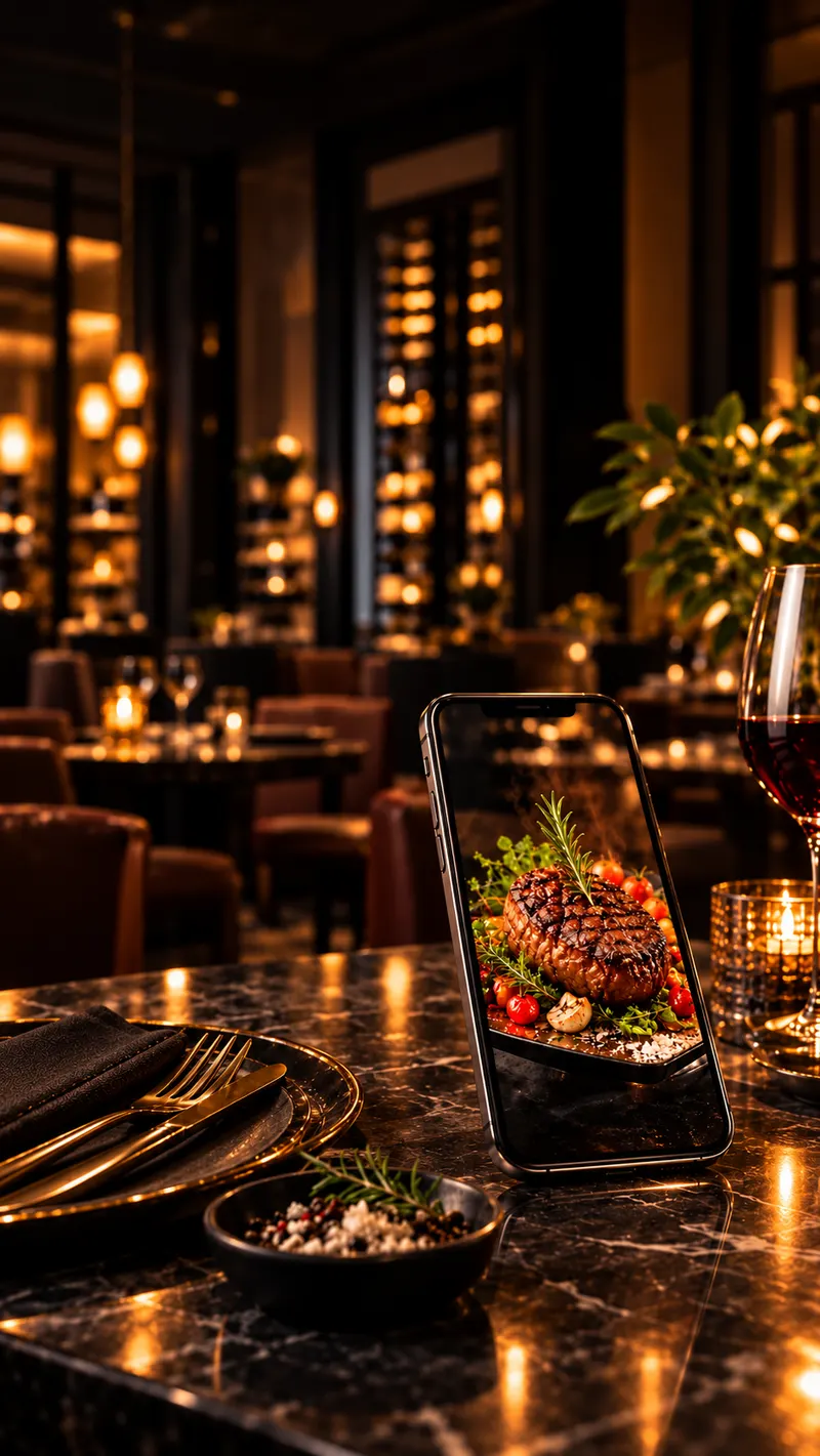 Smartphone sobre a mesa de um restaurante elegante exibindo um prato com o menuAR